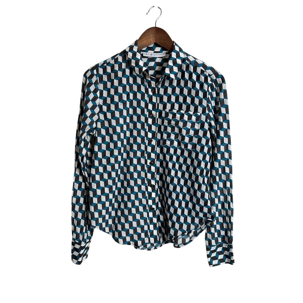 Creatures of Comfort Geometric Pattern Button-Down Shirt Cotton Silk Womans S
